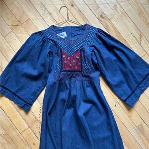 Vintage denim midi Dress with Red Floral Chest Patchwork